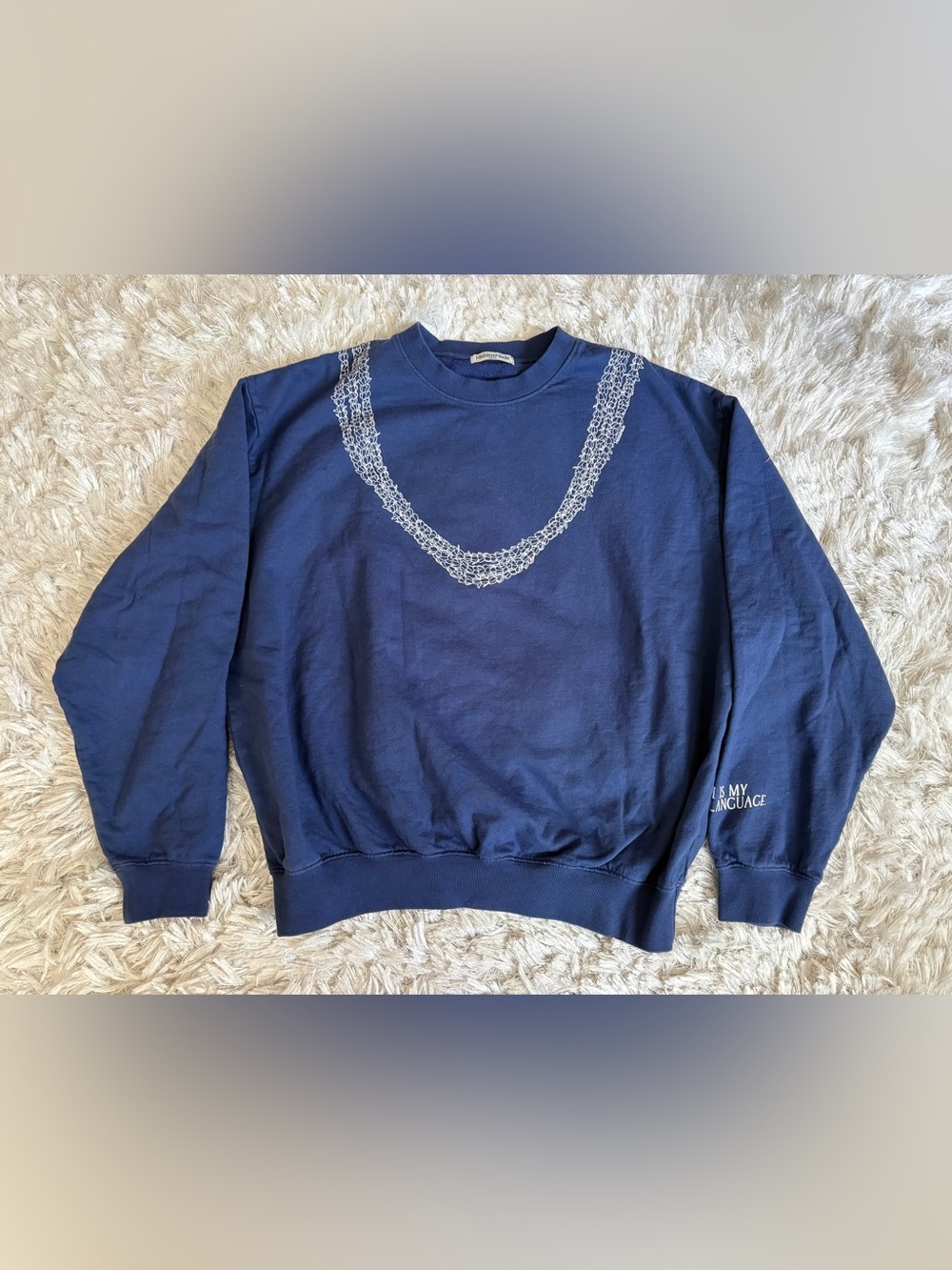 MahinaMade Women’s Navy Crewneck Sweater with White Lei Print, Sz S